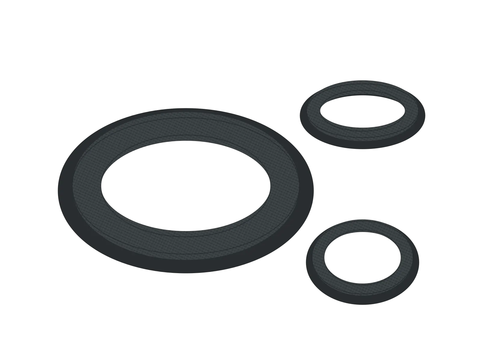 Illustrazione tecnica: guarnizioni piane in fibra asbestos free antracite, in tre misure.