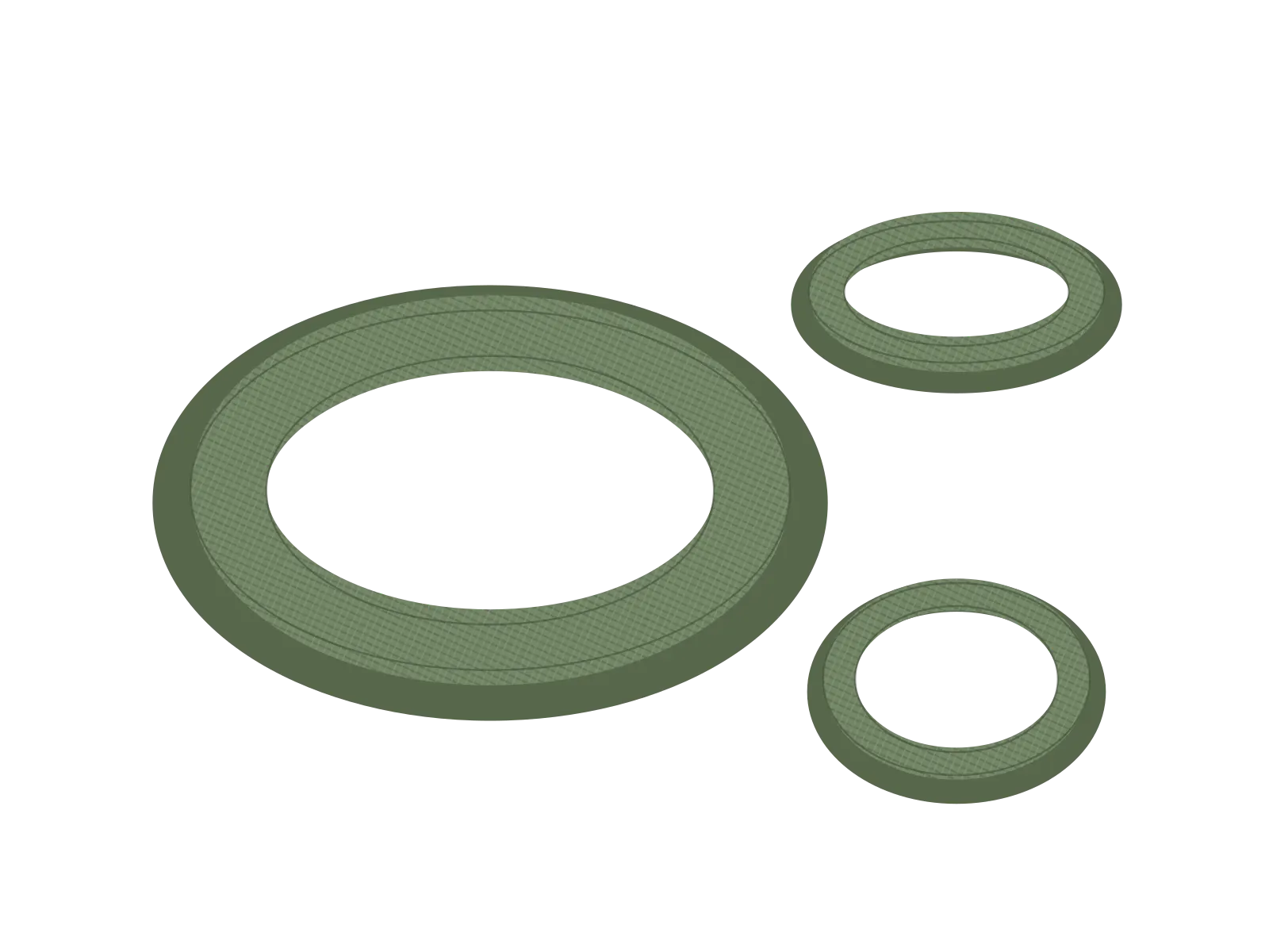 Illustrazione tecnica: guarnizioni piane in fibra asbestos free grigio-verde, in tre misure.