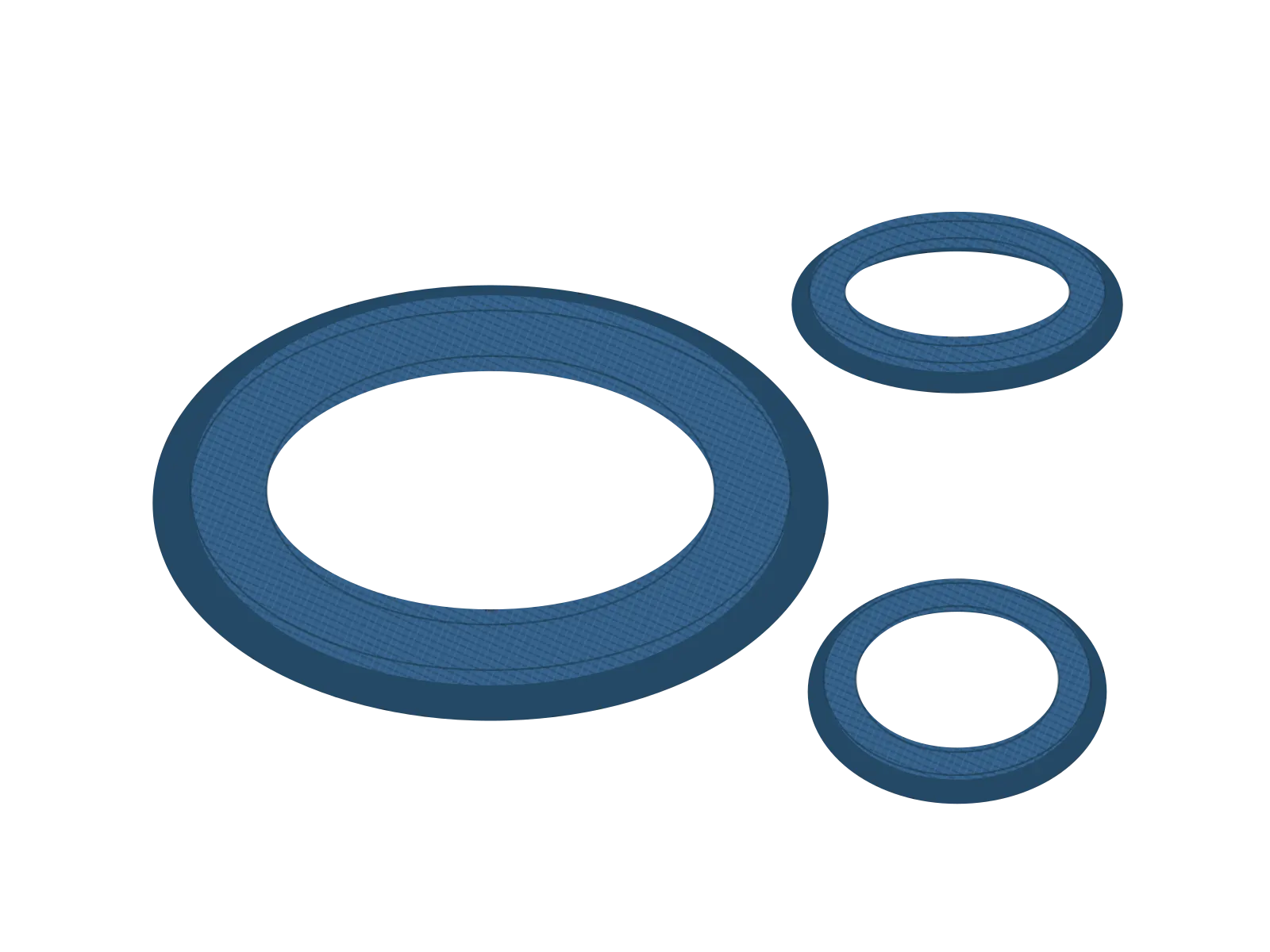 Illustrazione tecnica: guarnizioni piane in fibra asbestos free universale blu, in tre misure.