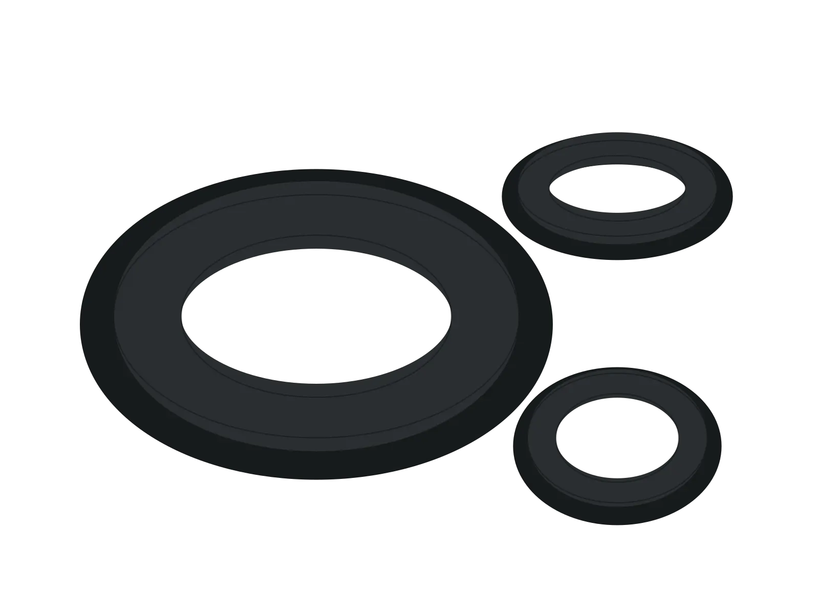 Illustrazione tecnica: anelli in gomma nera a sezione tonda, in tre misure.