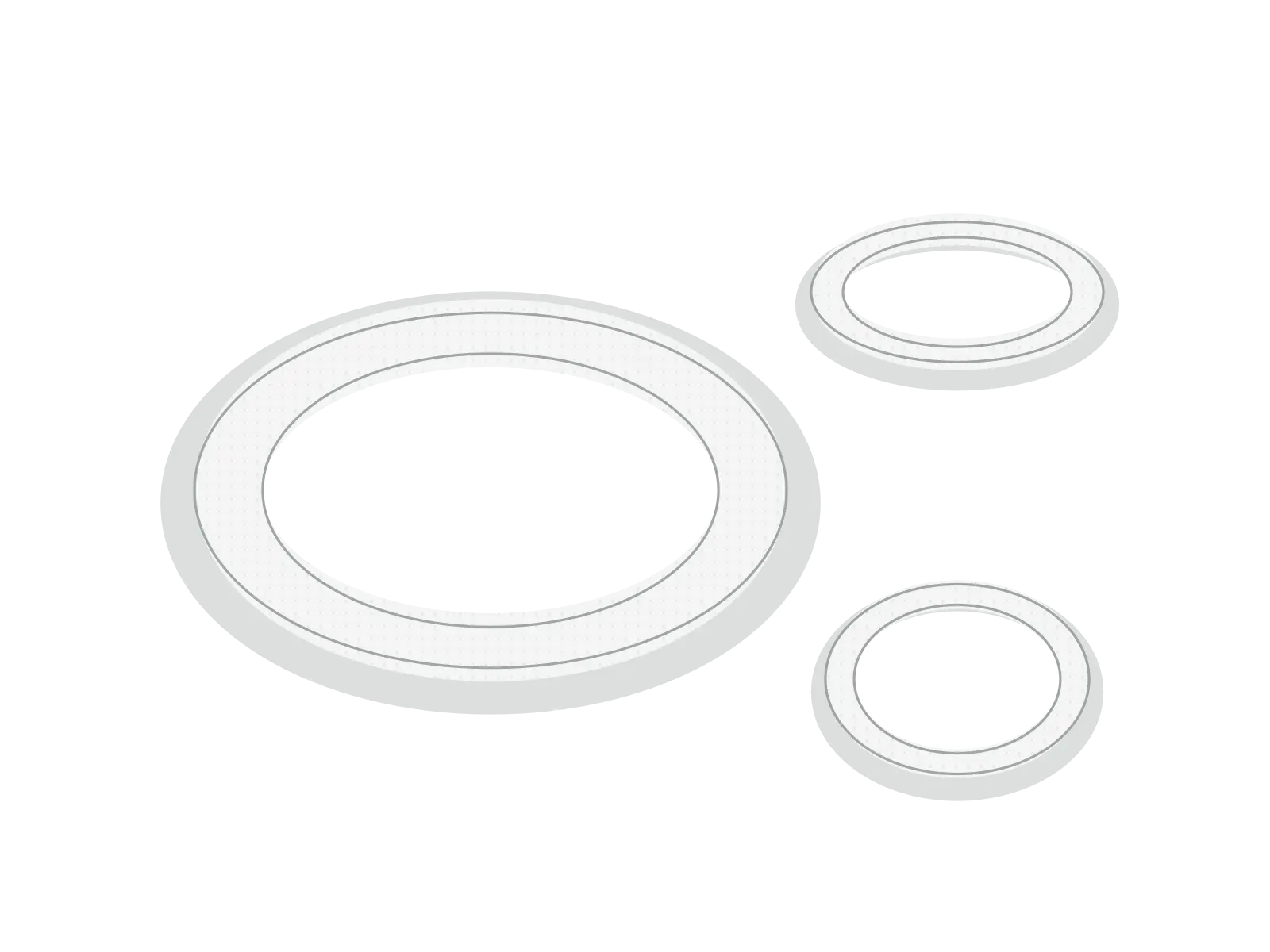 Illustrazione tecnica: guarnizioni piane in PTFE bianco, in tre misure.