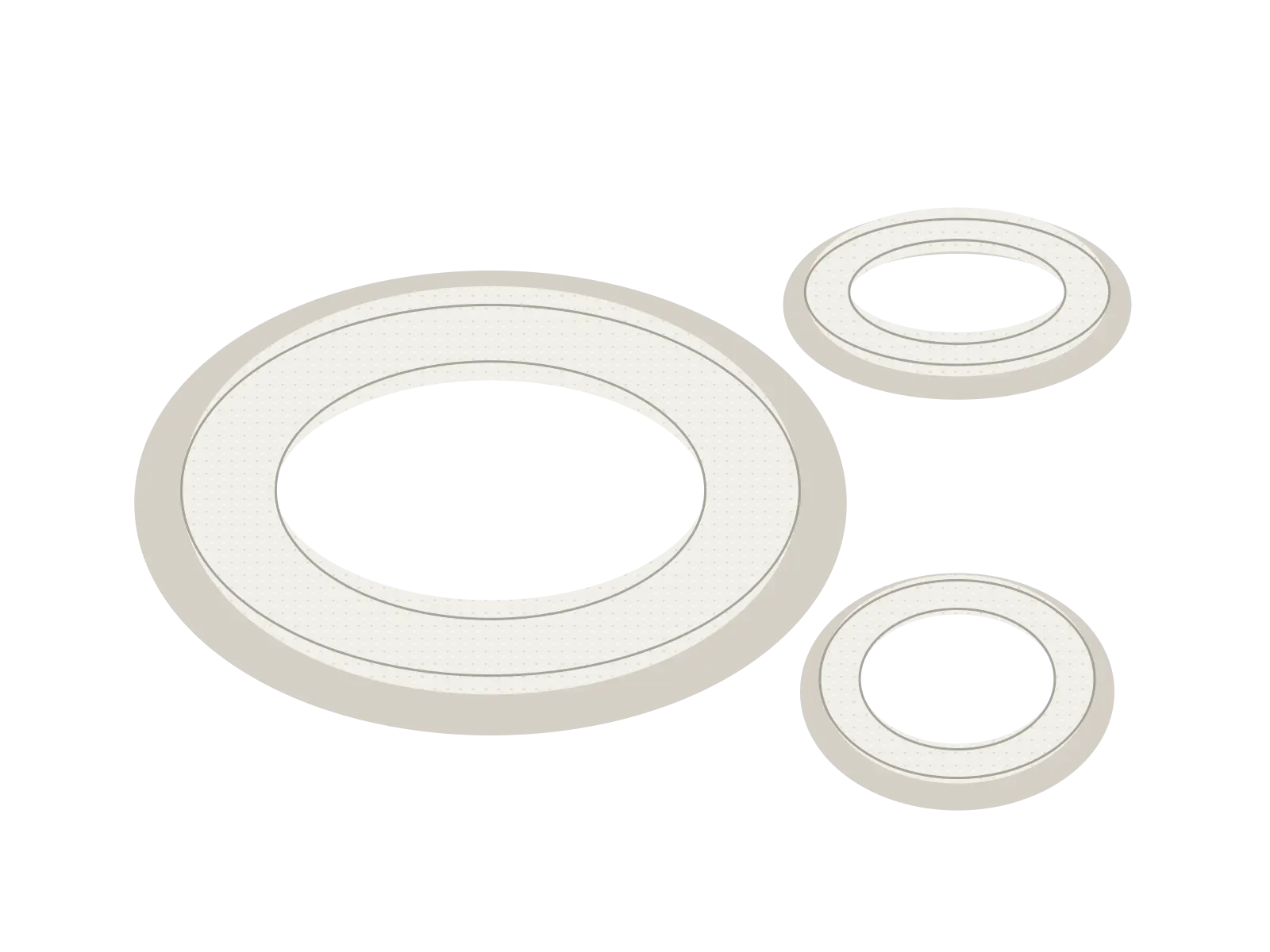 Illustrazione tecnica: guarnizioni in PTFE espanso bianco, in tre misure.